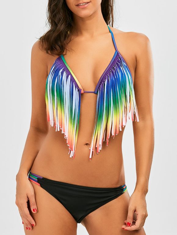 Halter Rainbow Fringe Ensemble de bikini à cordes - multicolore S