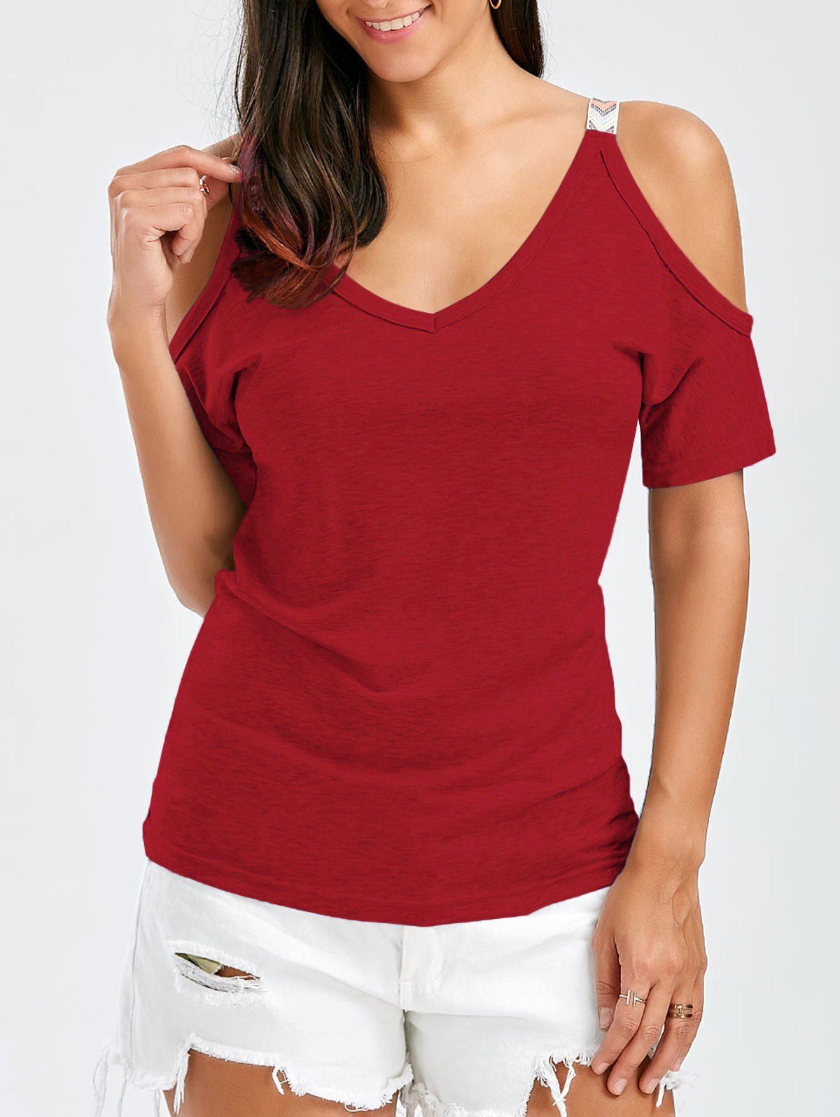 

Cold Shoulder V Neck Tee, Red