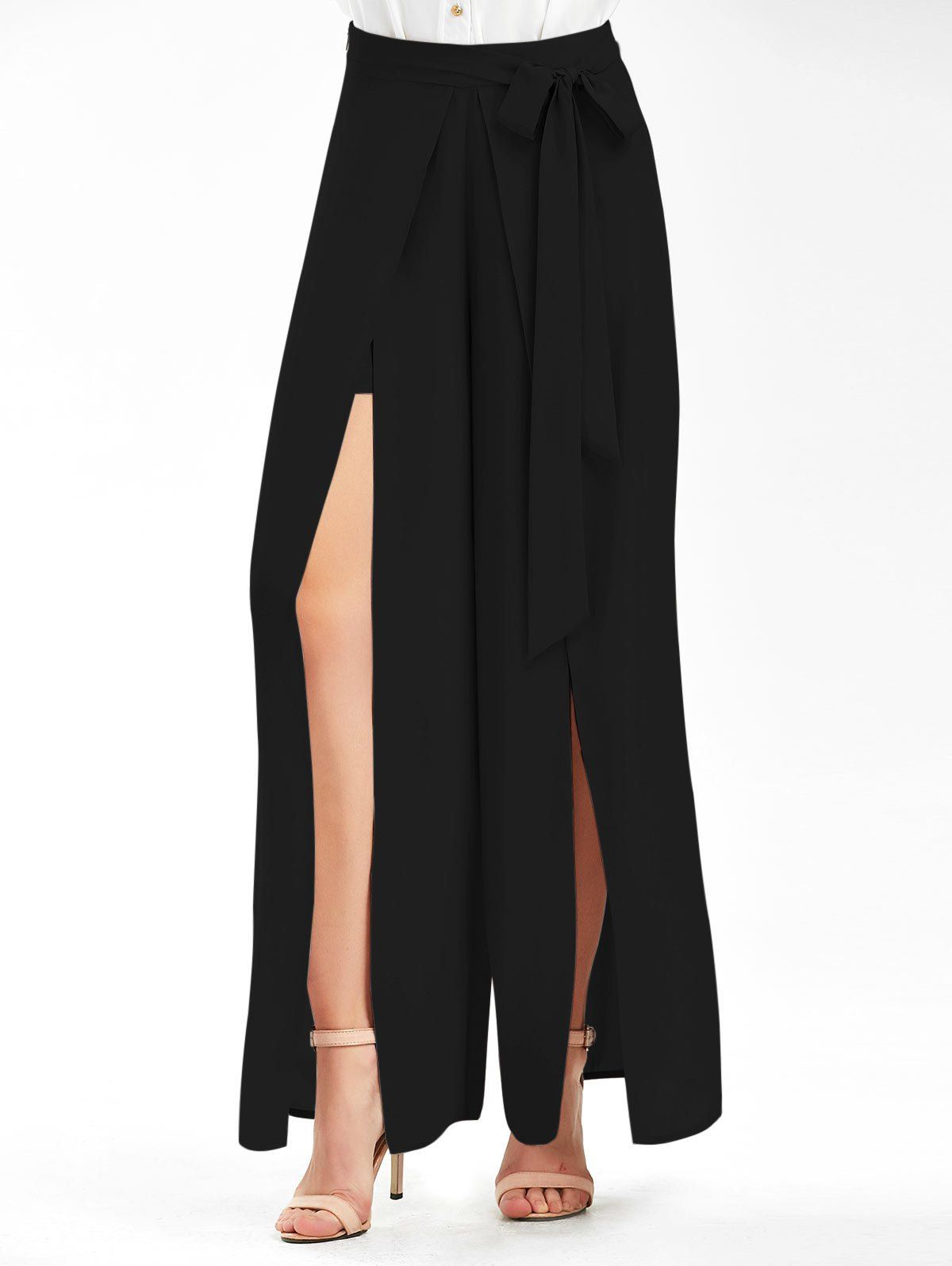 

Tie Belt High Slit Palazzo Pants, Black