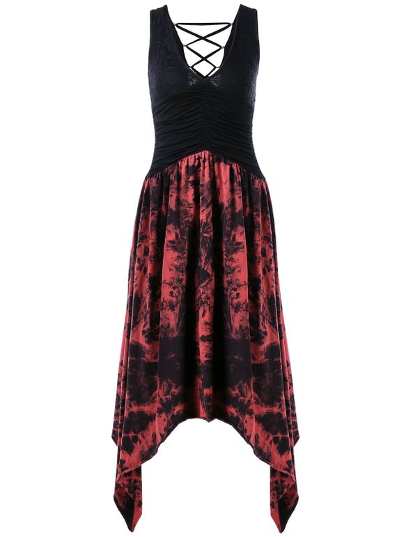 V Neck Tie Dye Asymmetrical Lace-Up Dress - Rouge et Noir XL