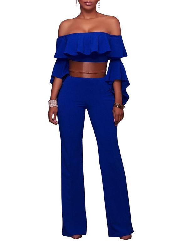 Off The Shoulder Flare Sleeve Palazzo Jumpsuit - Bleu profond S