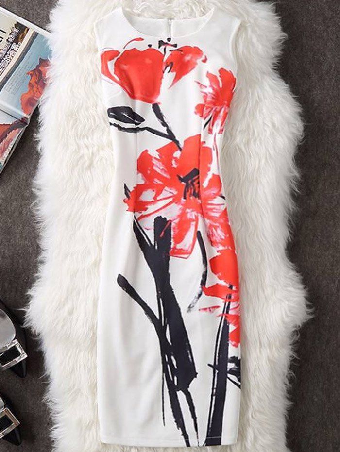 

Slit Printed Sleeveless Pencil Dress, White