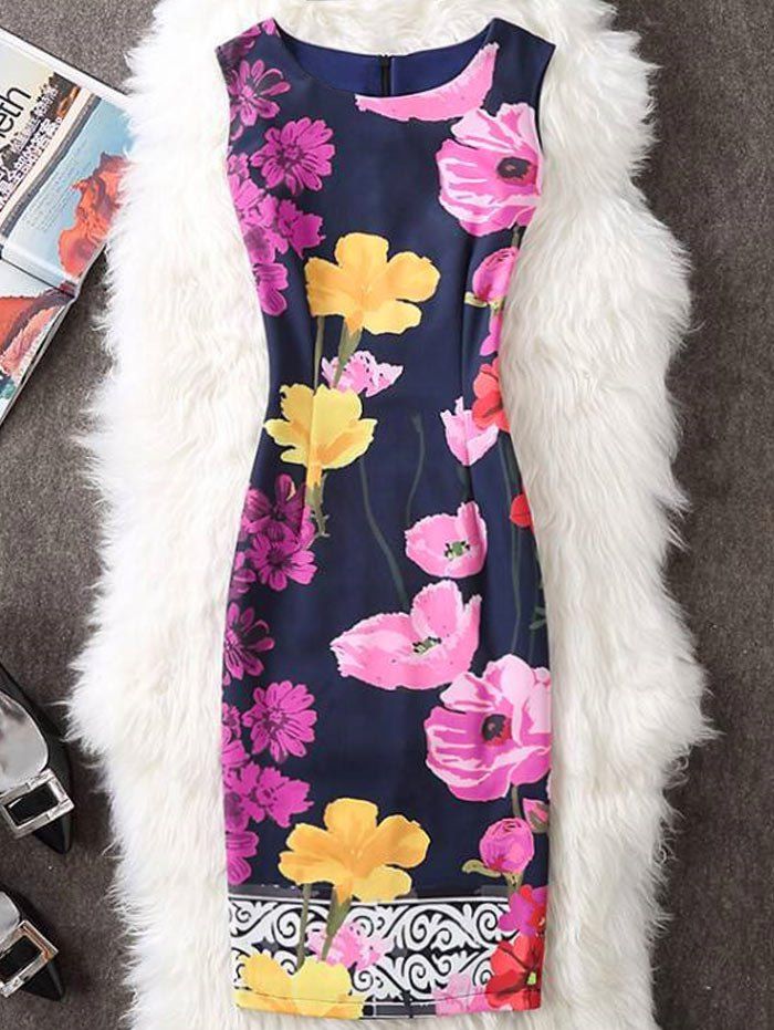 

Slit Floral Sleeveless Pencil Dress, Blue
