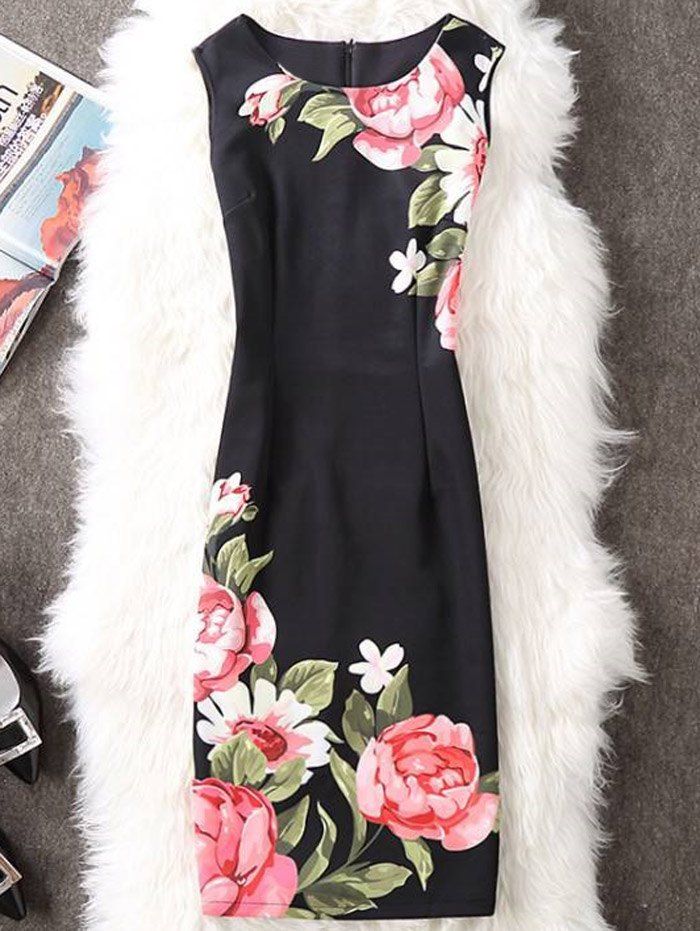 

Flower Print Slit Sleeveless Pencil Dress, Black