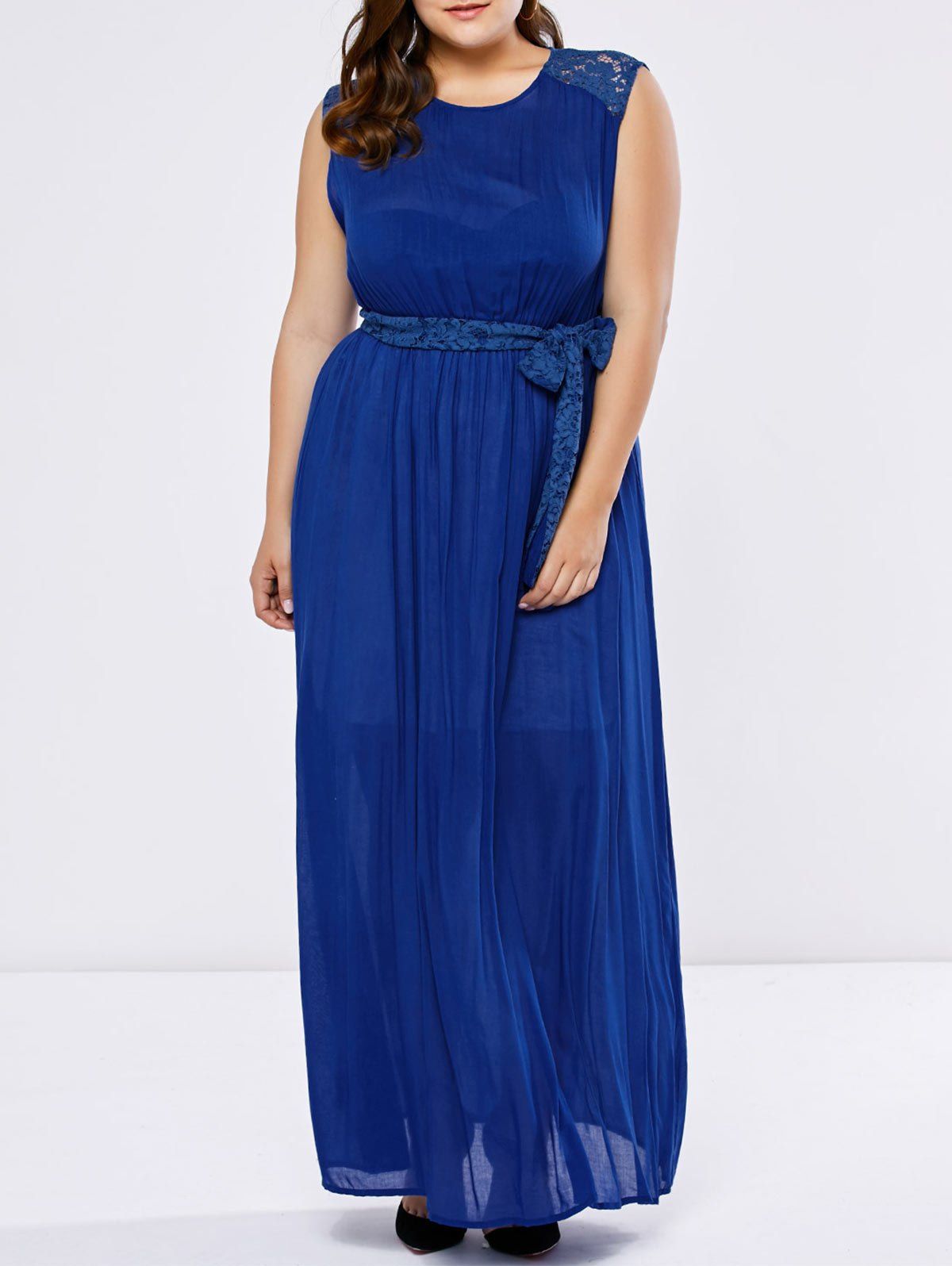 

Lace Trim Floor Length Plus Size Prom Dress, Blue