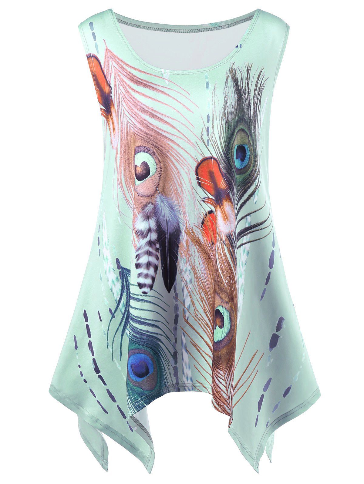 

Plus Size Feather Print Asymetric Tank Top, Light green