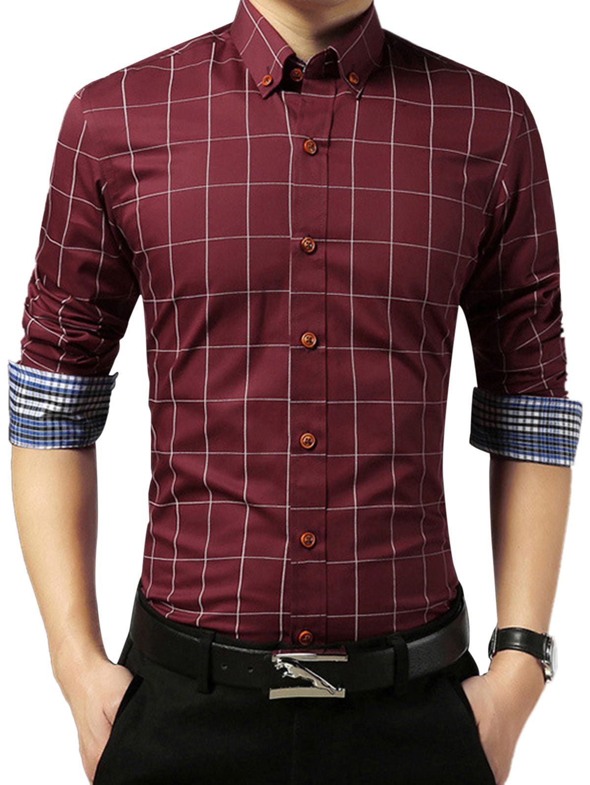 

Grid Check Slim Long Sleeve Shirt, Wine red