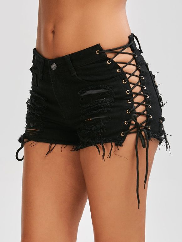 Mid-Taille À Lacets Shorts En Denim Déchiré - Noir XL