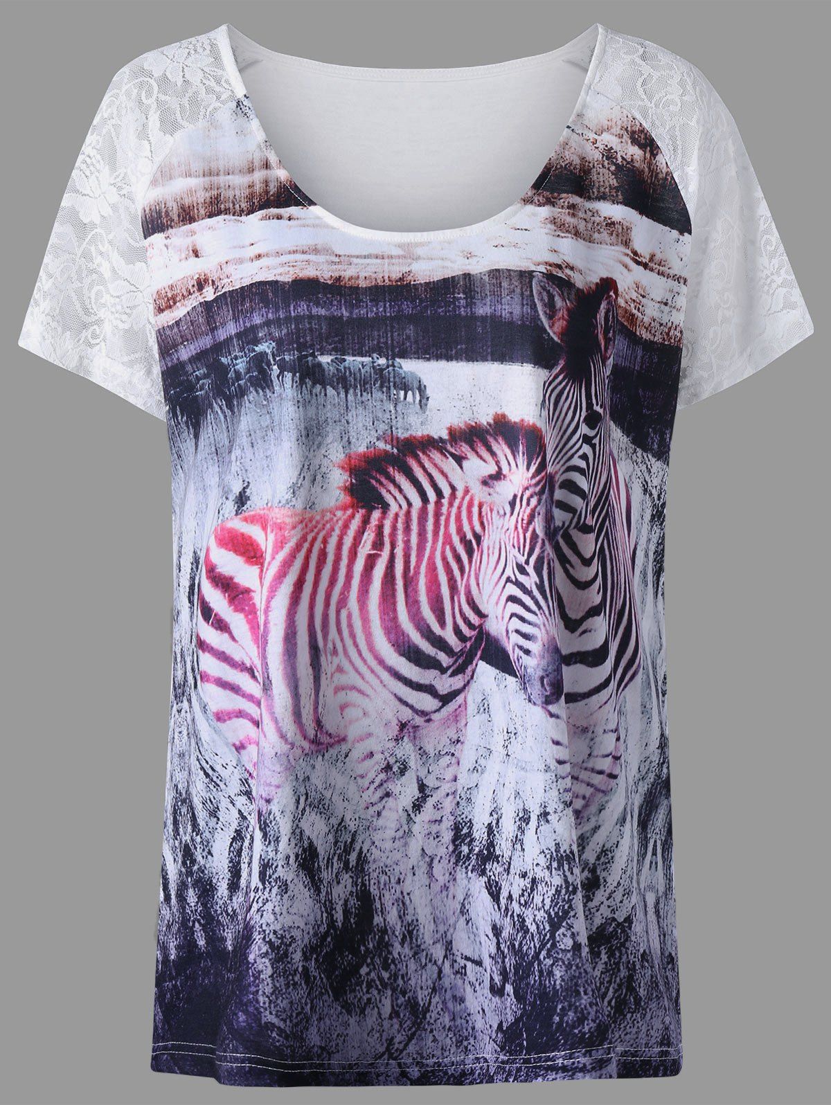 

Plus Size Lace Insert Zebra Print T-shirt, Colormix