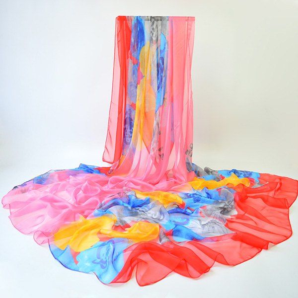 

Floral Printing Multicolor Gossamer Shawl Scarf, Pink