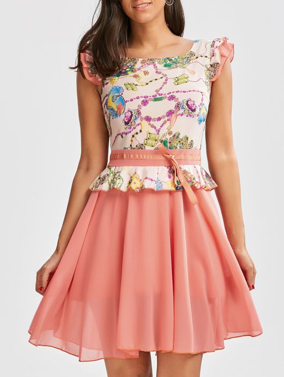Ruffle Printed Chiffon Dress - Rose XL