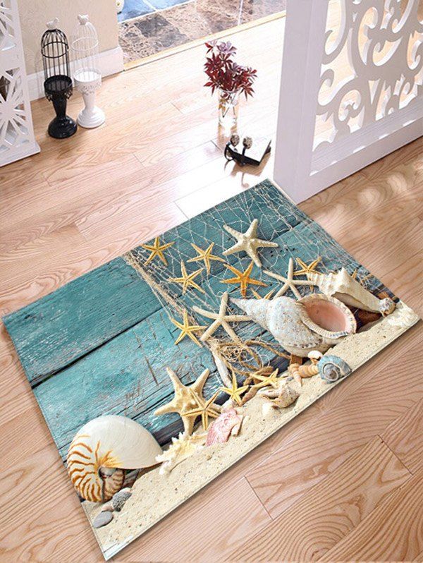 

Nautical Starfish Print Flannel Antislip Bathroom Rug, Blue