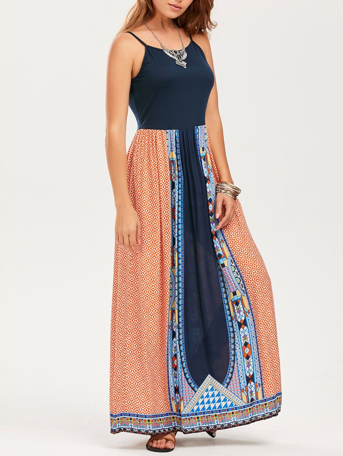 

Spaghetti Straps Ethnic Print Maxi Dress, Colormix