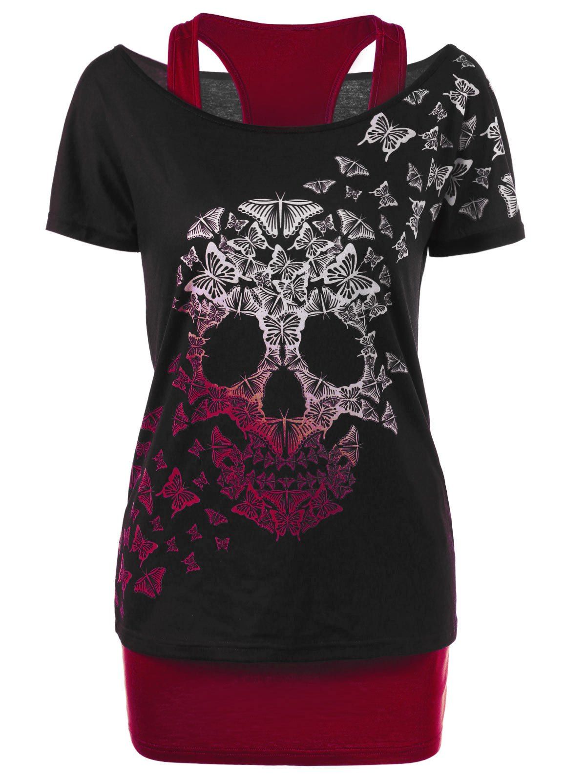 

Butterfly Skull T-shirt with Tank Top, Red with black