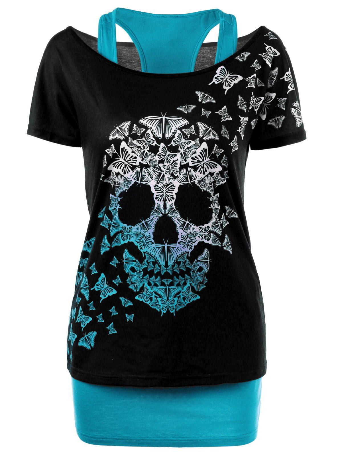 

Butterfly Skull T-shirt with Tank Top, Lake blue + black