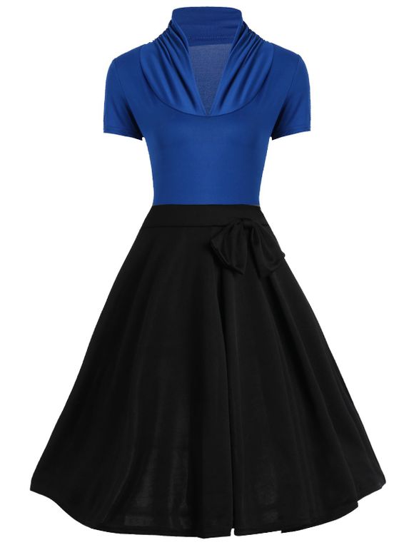 Vintage Bowknot Design Two Tone Dress - Bleu S