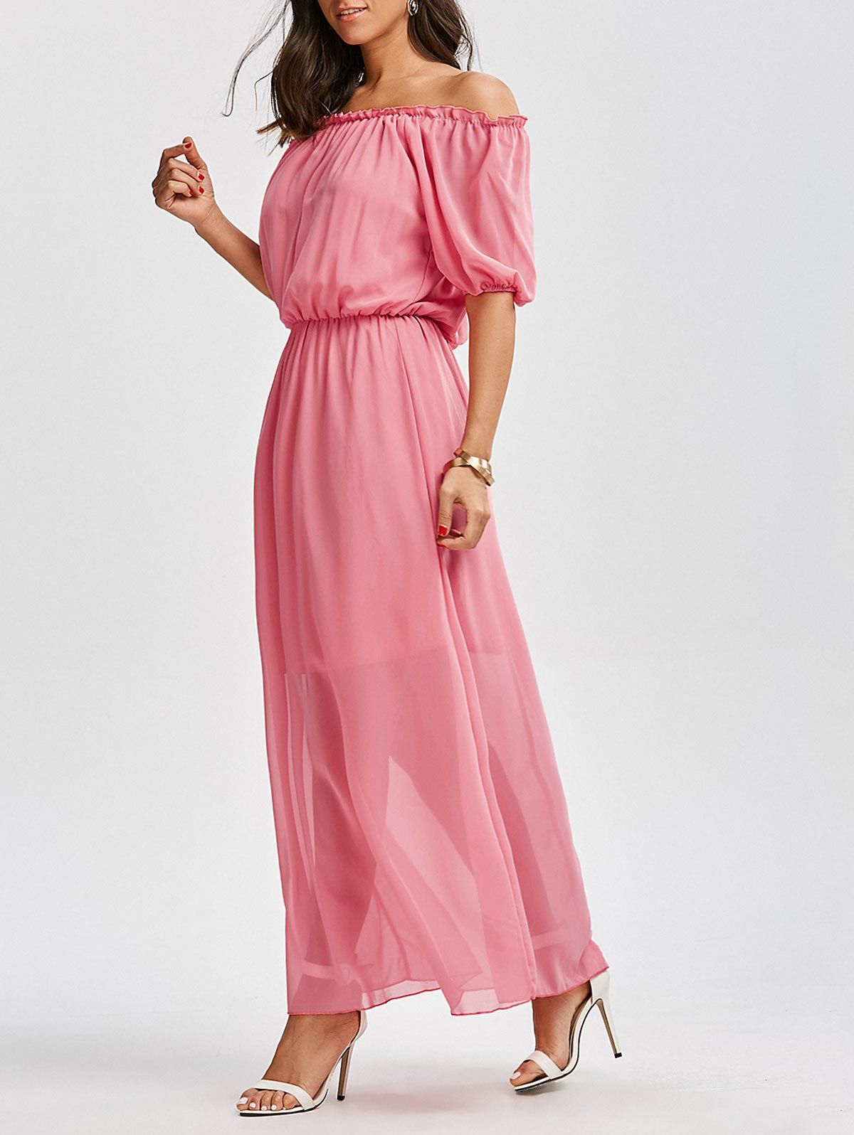 

Off The Shoulder High Waist Chiffon Maxi Dress, Pink