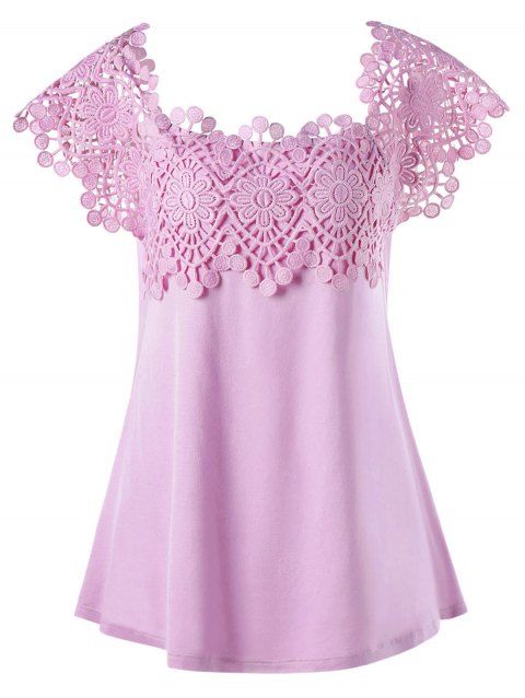 plus size lace trim cutwork t-shirt - pinkish purple 5xl
