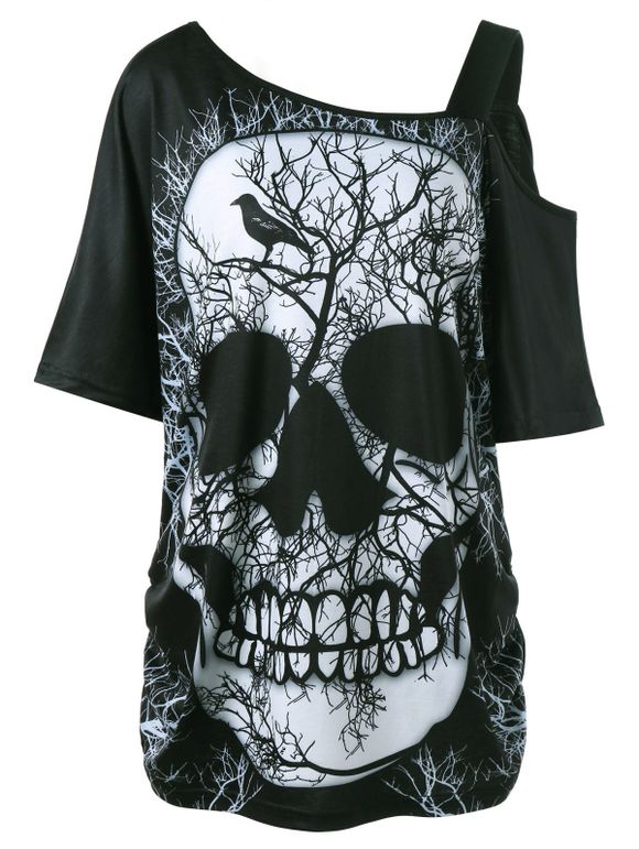 T-shirt Grande Taille Crâne à Épaules Dénudées - Noir 2XL