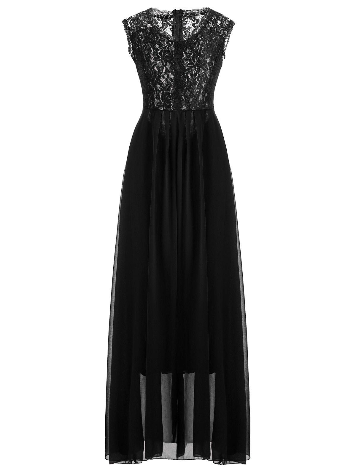 

Sleeveless Lace Panel High Waisted Dress, Black