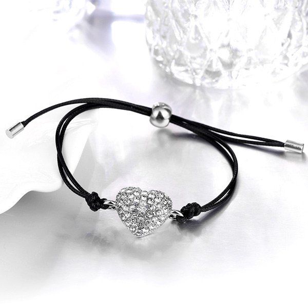 

Rhinestone Artificial Leather Rope Heart Bracelet, Silver