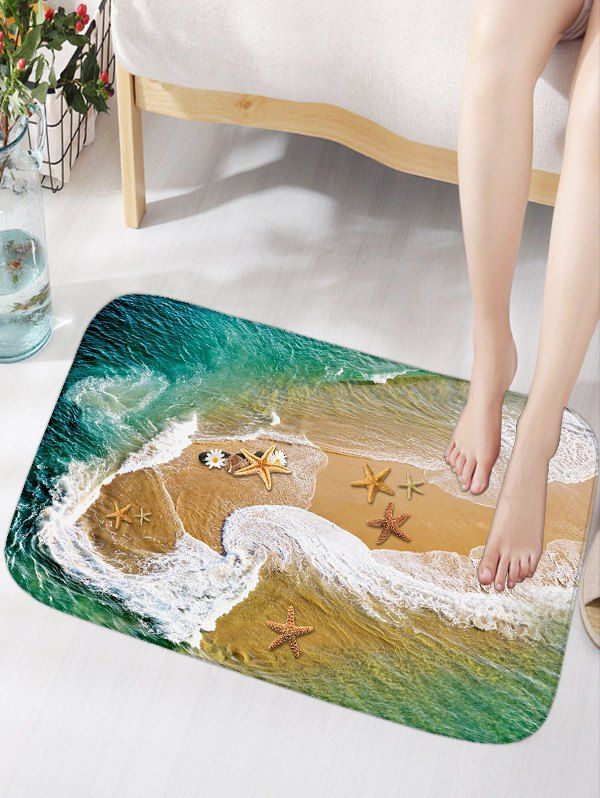 

Flannel Antiskid Bathroom Rug with Sea Beach Print, Deep green