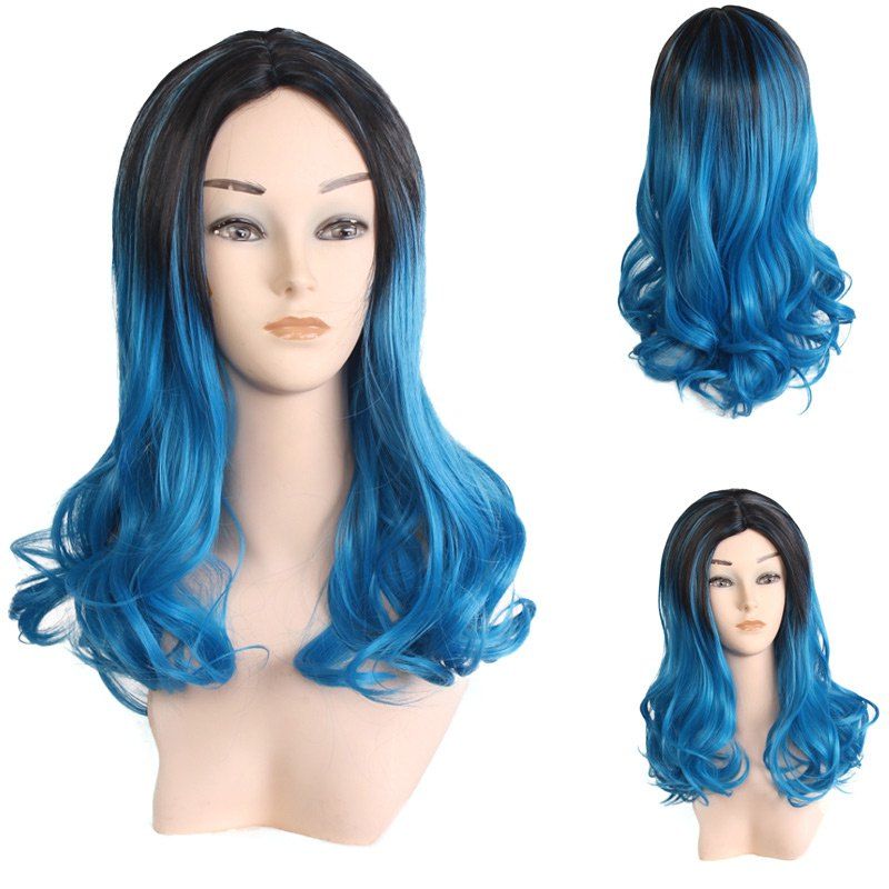 

Long Center Parting Wavy Colormix Ombre Lolita Synthetic Wig, Black and blue