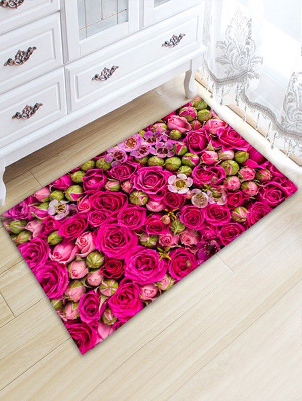 

Wedding Water Absorption Flannel Bathroom Rug with Rose Print, Rose red