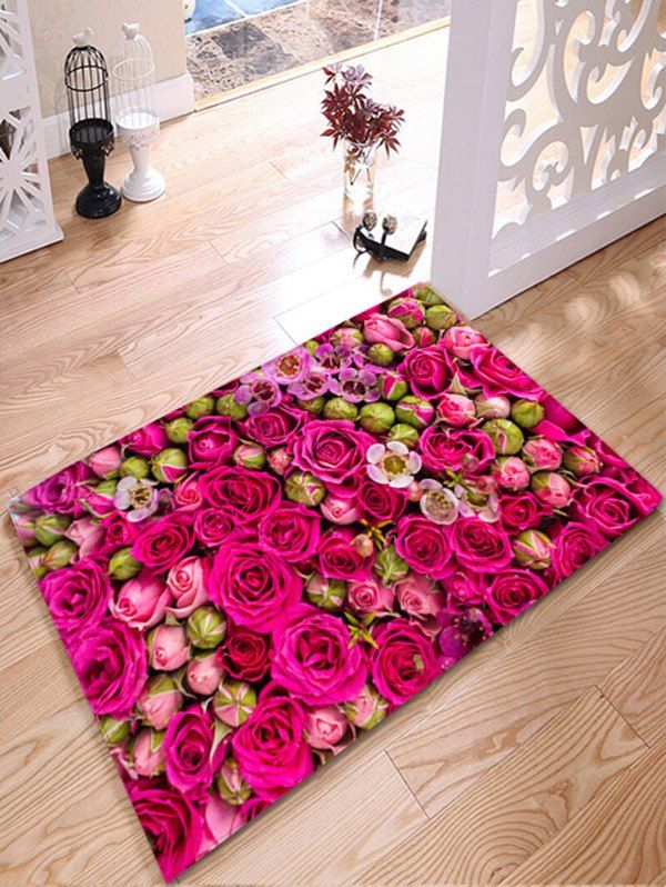 

Wedding Water Absorption Flannel Bathroom Rug with Rose Print, Rose red