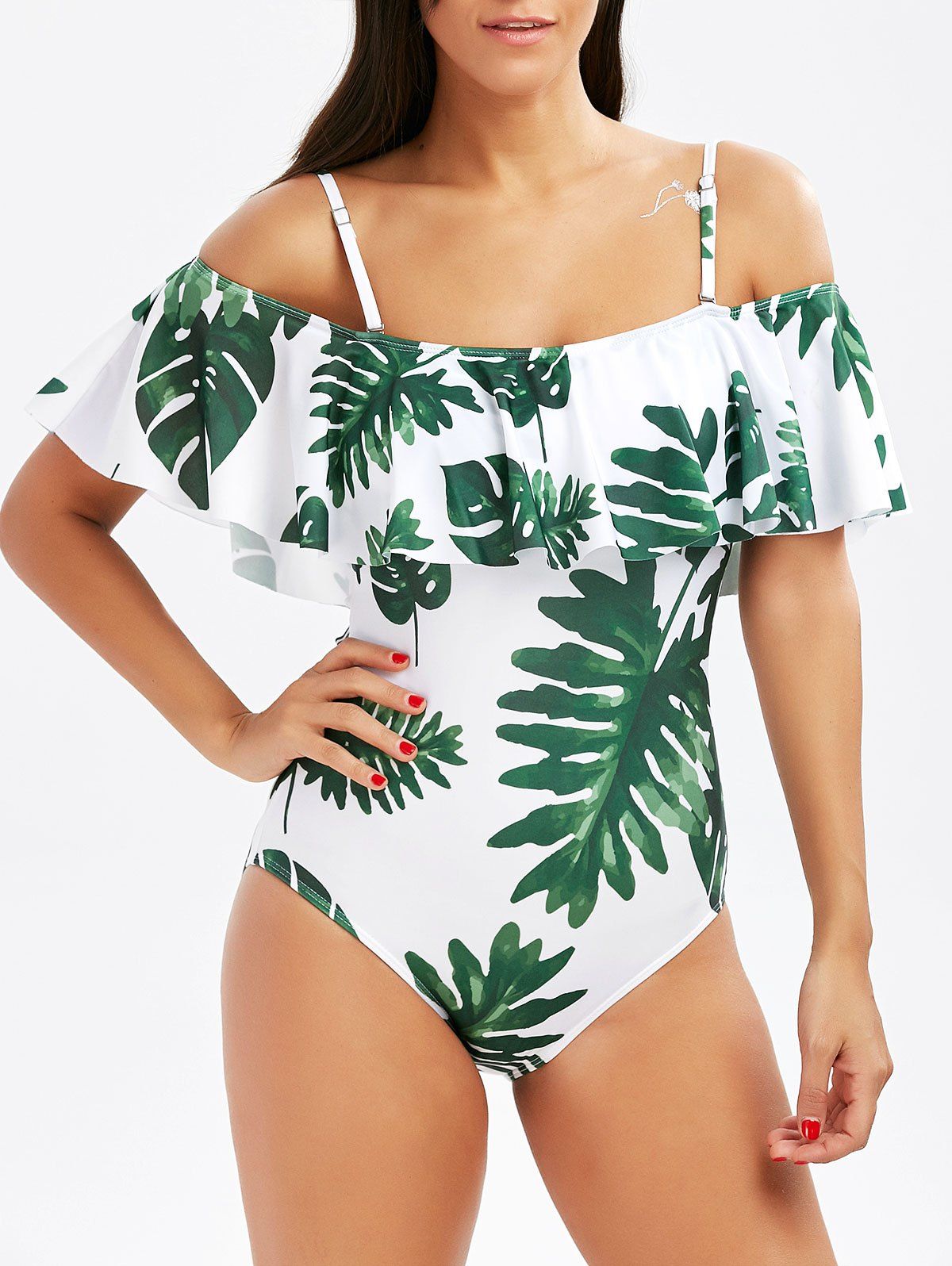 Tropical Off Shoulder Flounce Print Swimsuit - WHITE/GREEN 2XL