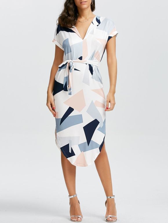 Geometric Print Short Sleeve Midi Dress - WHITE S