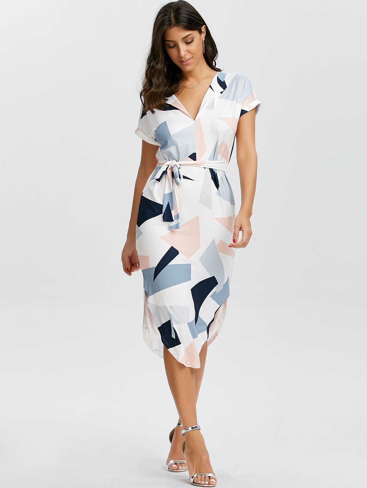 Geometric Print Short Sleeve Midi Dress - WHITE L