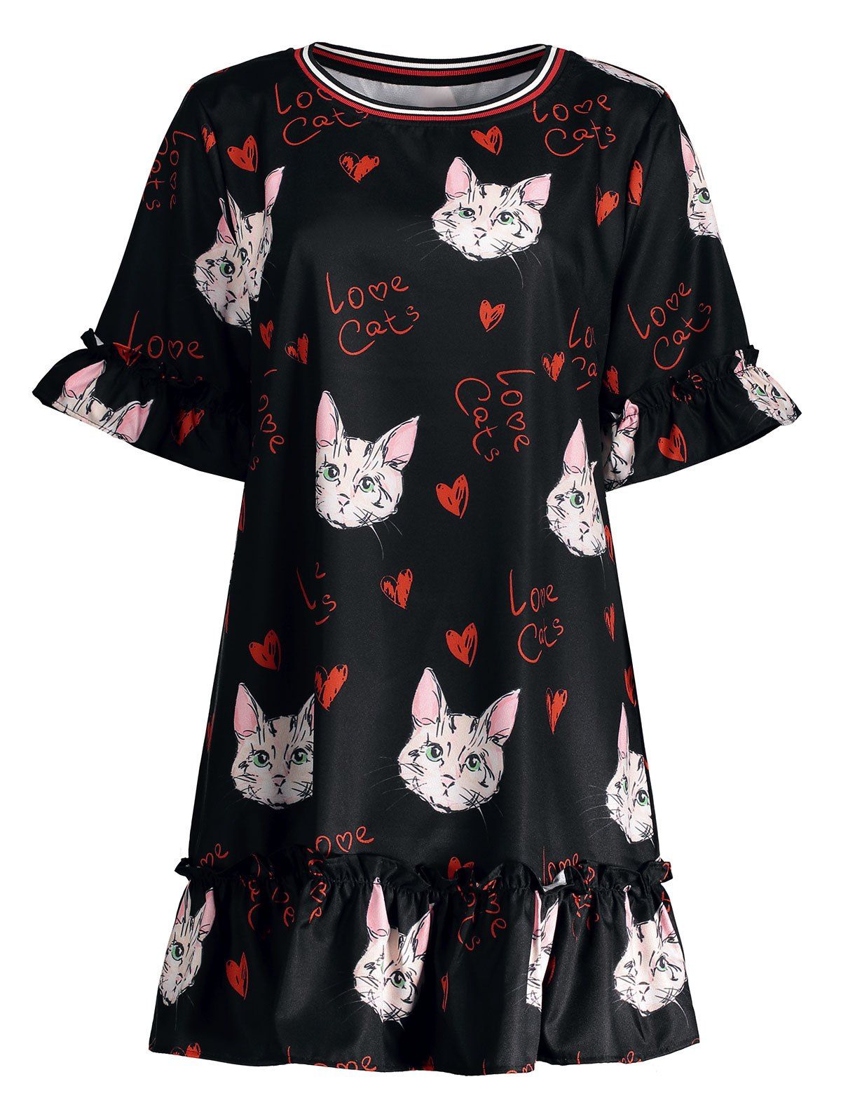 

Long Plus Size Kitten Printed Bell Sleeve Ruffle Top, Black