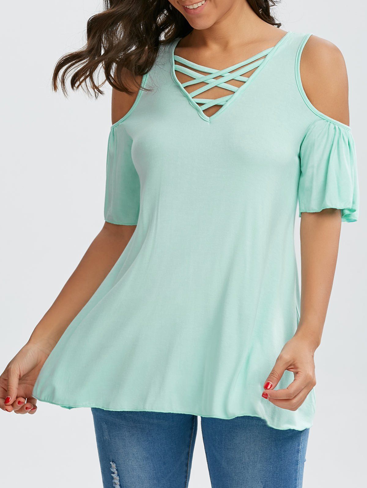 

Crisscross V Neck Ruffle Sleeve Cold Shoulder T-shirt, Light green