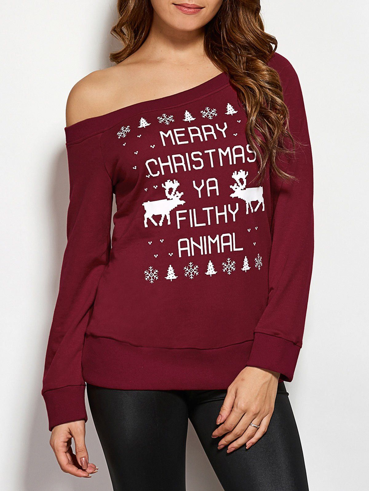

Asymmetric Neckline Christmas Sweatshirt, Wine red