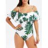Tropical Off Shoulder Flounce Print Swimsuit - WHITE/GREEN M