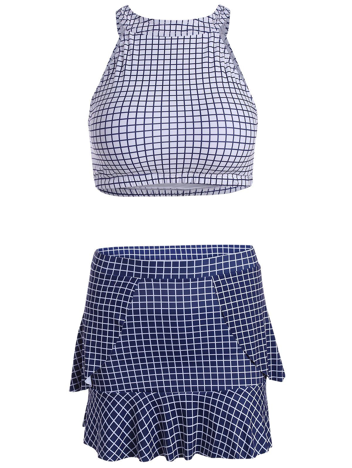 

High Neck Plaid Skirted Tankini Set, Blue