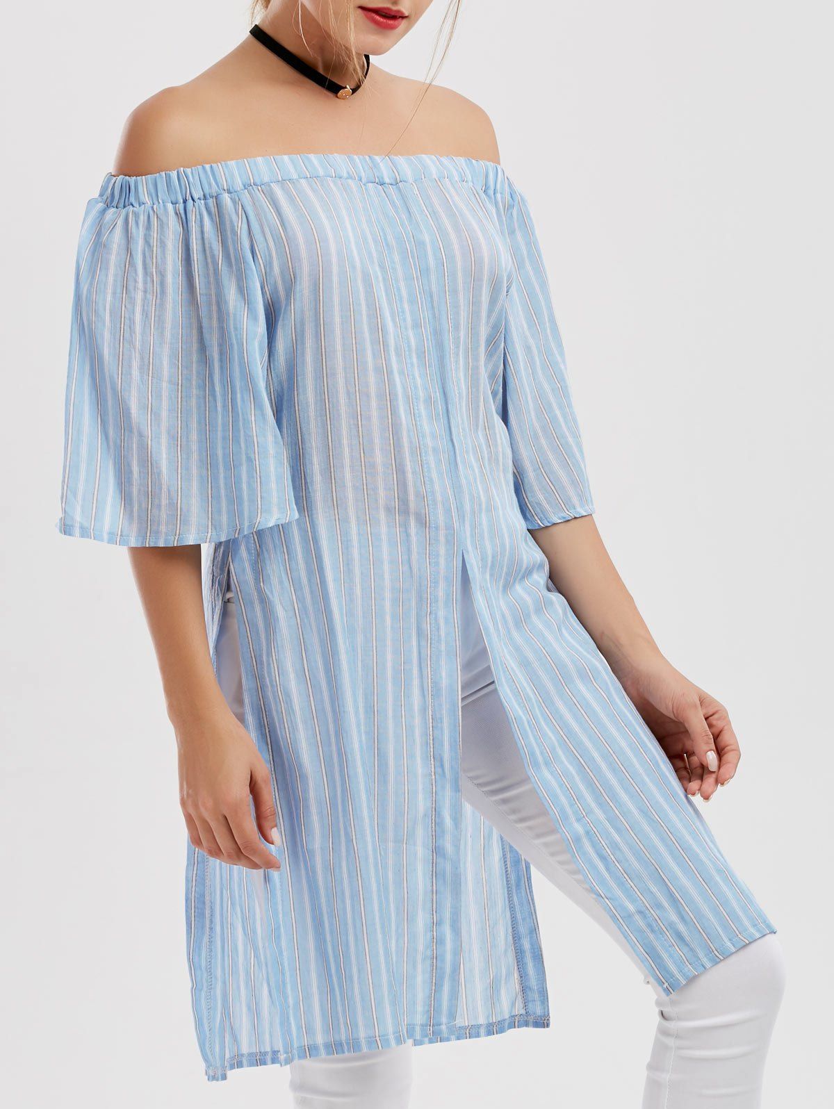 

Off The Shoulder Striped High Slit Dress, Cloudy