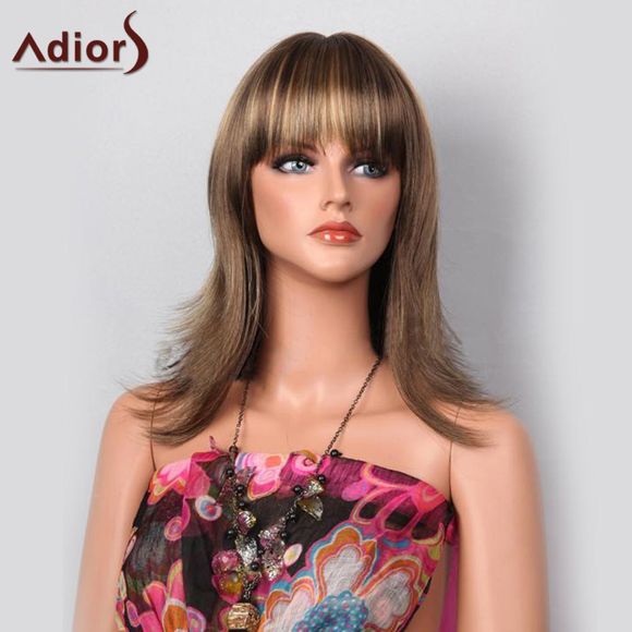 Adels Highlight Tail Upward Full Bang Layered Long Straight Synthetic Wig - Brun Légère 