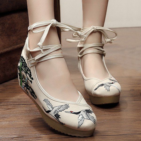 

Embroidered Tie Up Wedge Shoes, Candy beige