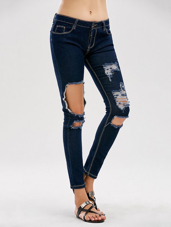 Distressed Cut Out Skinny Jeans - Bleu profond S