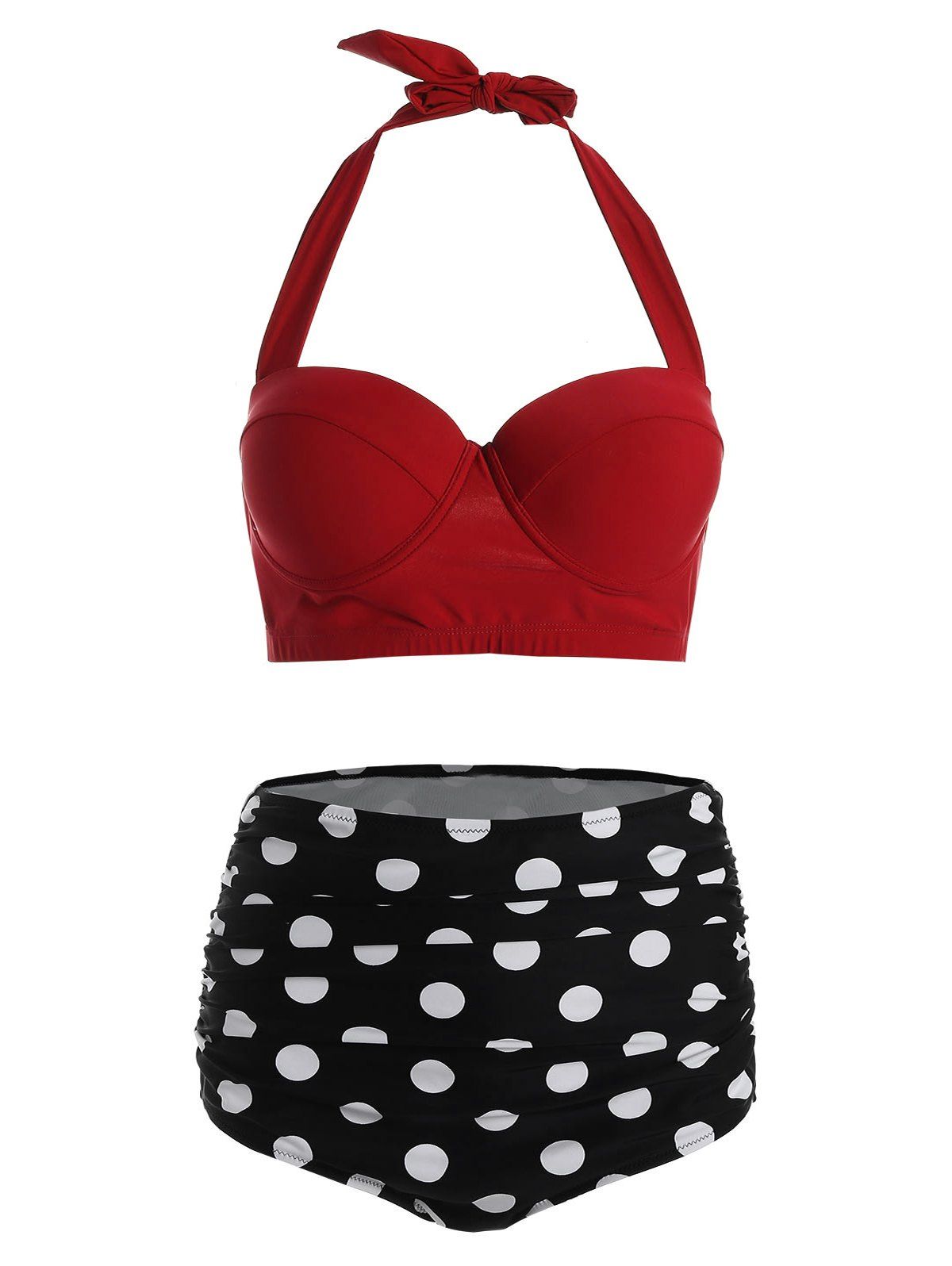Plus Size Halter High Waist Polka Dot Bikini - RED 2XL