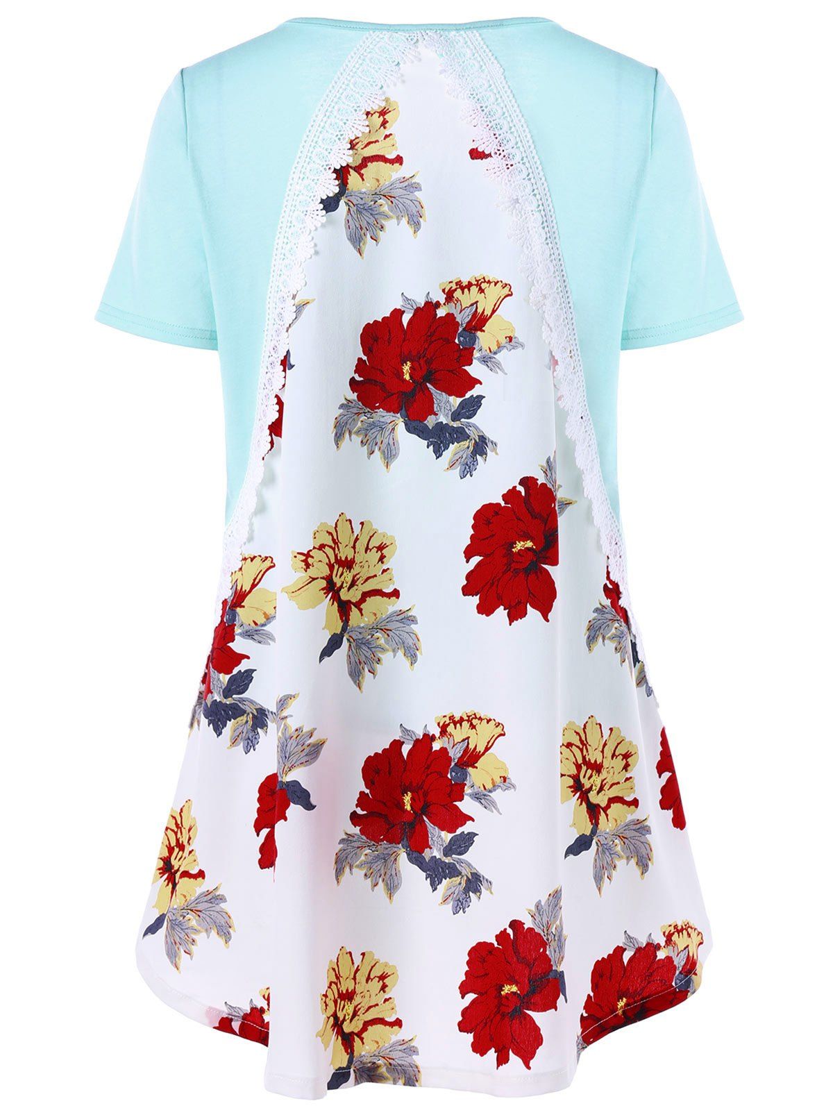 

Lace Trim Floral High Low Hem T-shirt, Pinkish blue