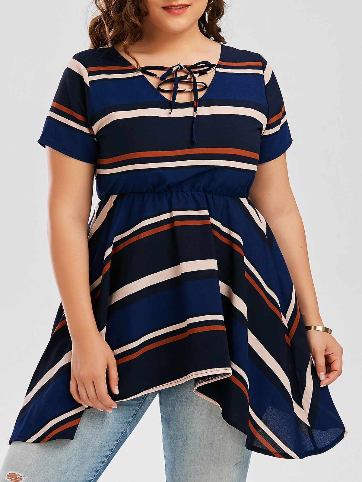 

Plus Size Stripe Chiffon Lace Up Swing Top, Deep blue