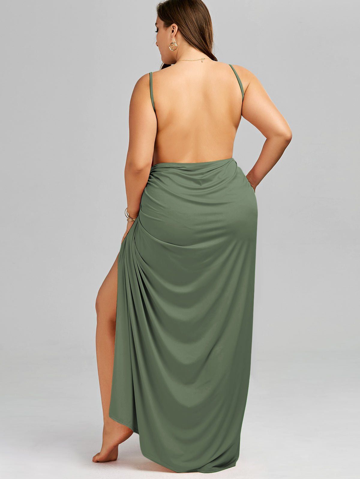 2018 Plus Size Maxi Flowy Beach Cover Up Wrap Dress ARMY GREEN XL In