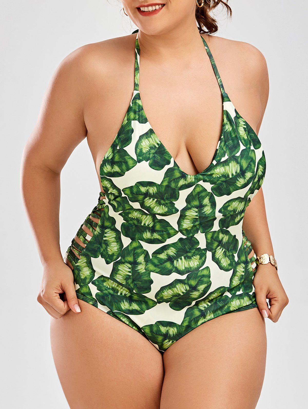 2019 strappy palm leaf printed one piece swimsuit