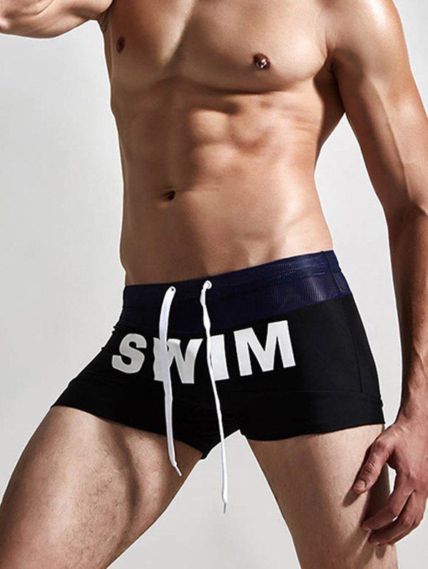 

Drawstring Letter Print Swimming Trunks, Black