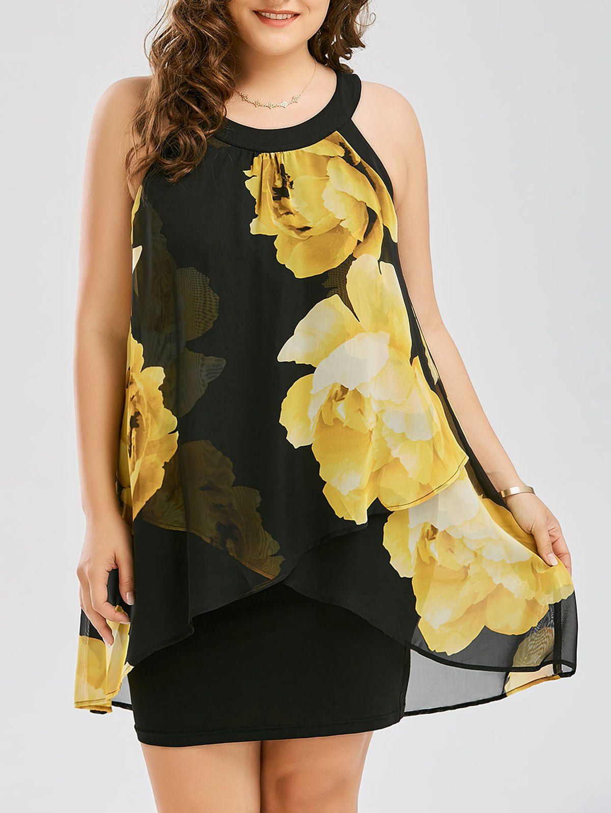 

Plus Size Floral Print Overlay Sheath Dress, Yellow