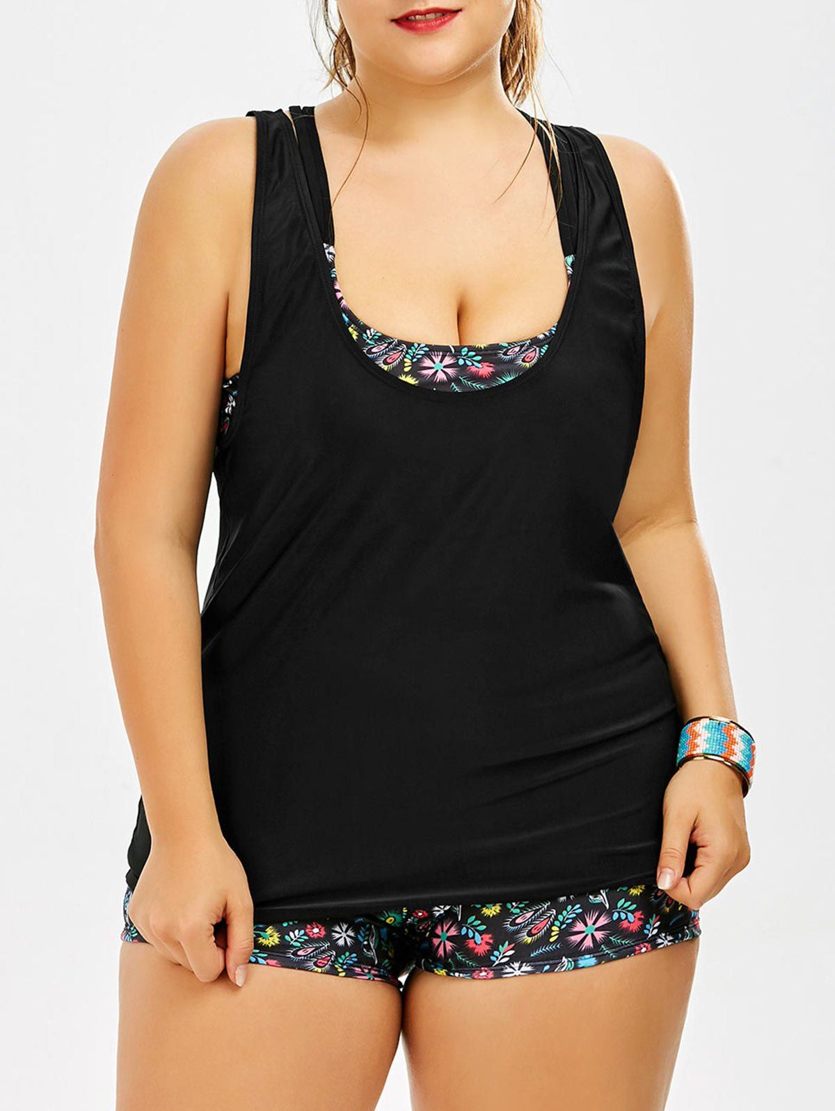 

Tiny Floral Padded Bra Plus Size Bathing Suit, Black