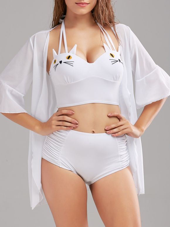 Bikini à Taille Haute en Forme de Chat avec Chemisette - Blanc S